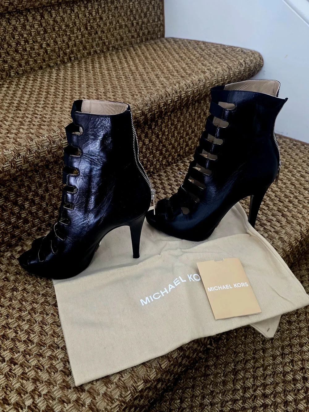 Michael Kors Black Strappy Peep-Toe Leather Ankle Booties. NWT.